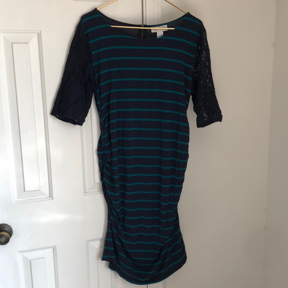 Navy Maternity Dress - teal stripes
